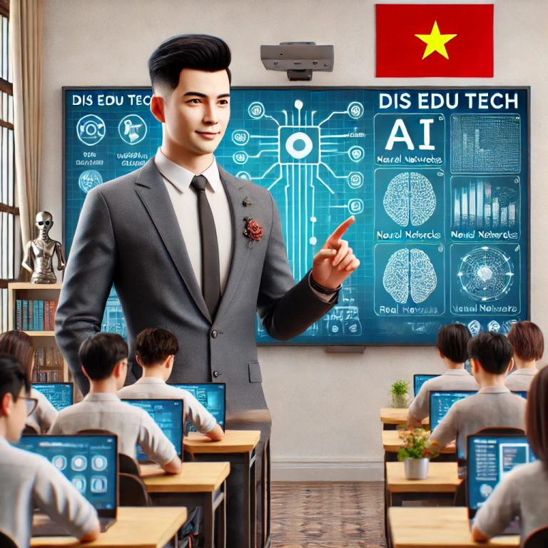 DALL·E 2025-03-05 15.50.22 - A hyper-realistic Vietnamese classroom where a handsome Vietnamese male teacher (age 25-40) with symmetrical facial features is positioned in the righ