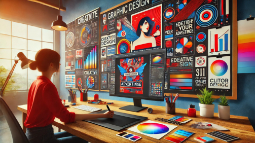 DALL·E 2025-03-13 01.23.50 - A modern graphic design workspace illustrating the process of creating advertising visuals. A designer is working on a large monitor, designing a vibr