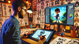 DALL·E 2025-03-13 01.23.52 - A creative animation studio showcasing the process of character design for animation. A digital artist is sketching a cartoon character on a drawing t