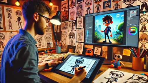 DALL·E 2025-03-13 01.23.52 - A creative animation studio showcasing the process of character design for animation. A digital artist is sketching a cartoon character on a drawing t