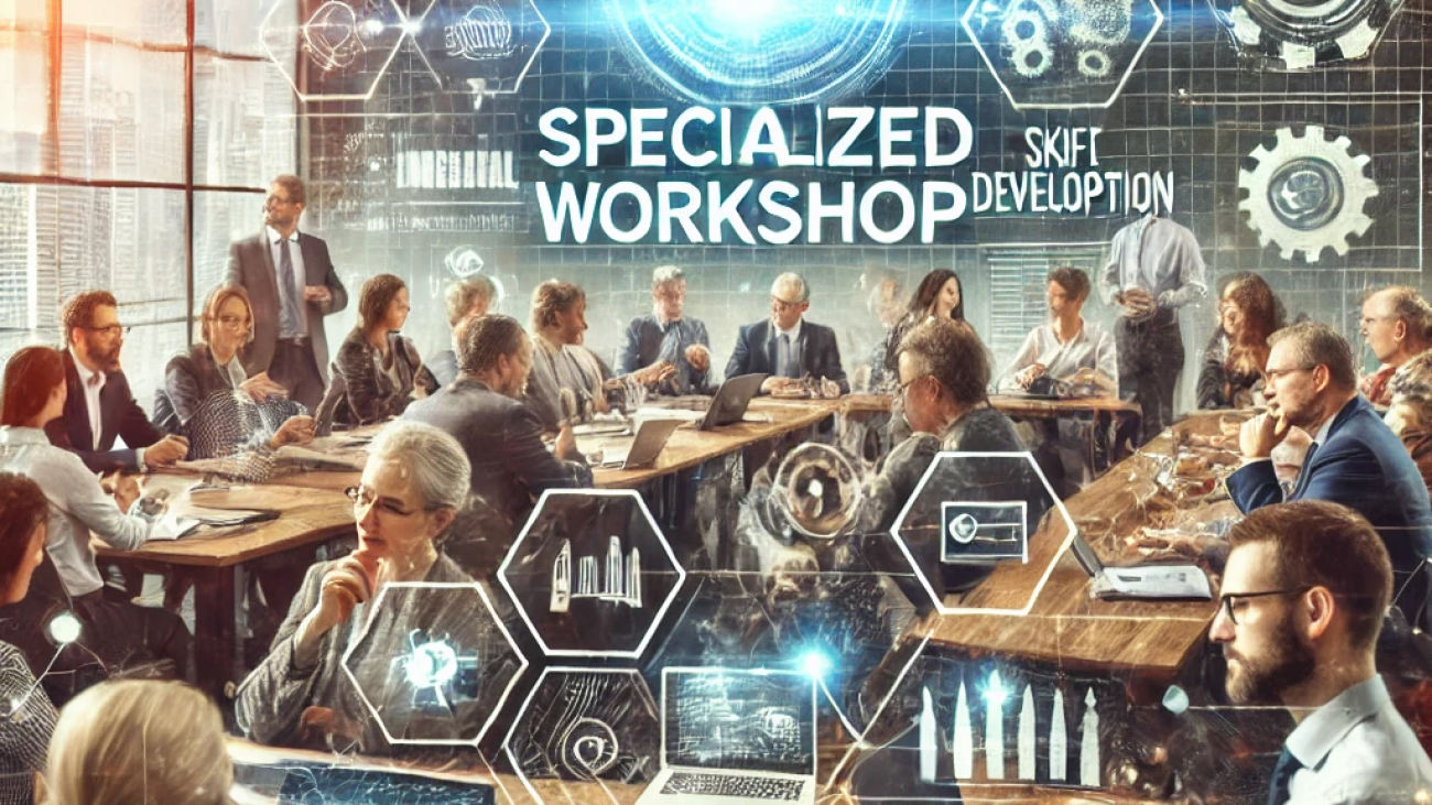 DALL·E 2025-03-14 11.31.35 - A specialized workshop for professionals and general audiences in a modern seminar setting. The scene features diverse participants engaging in discus