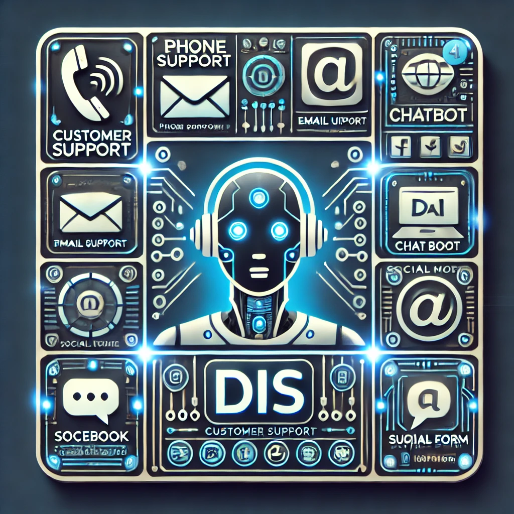 DALL·E 2025-03-15 01.47.37 - A square infographic showcasing customer support channels for DIS, designed with a modern AI technology theme. The infographic includes multiple conta